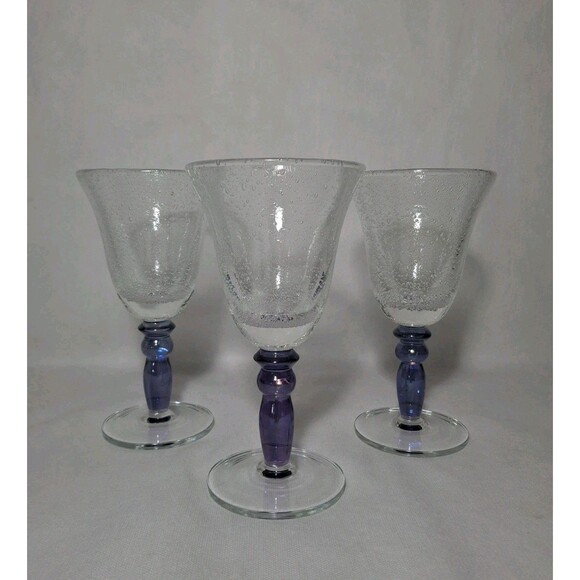 Vintage Pottery Barn Handblown Wine Glass Goblets Bubble Effect Purple Blue Stem - Picture 1 of 10